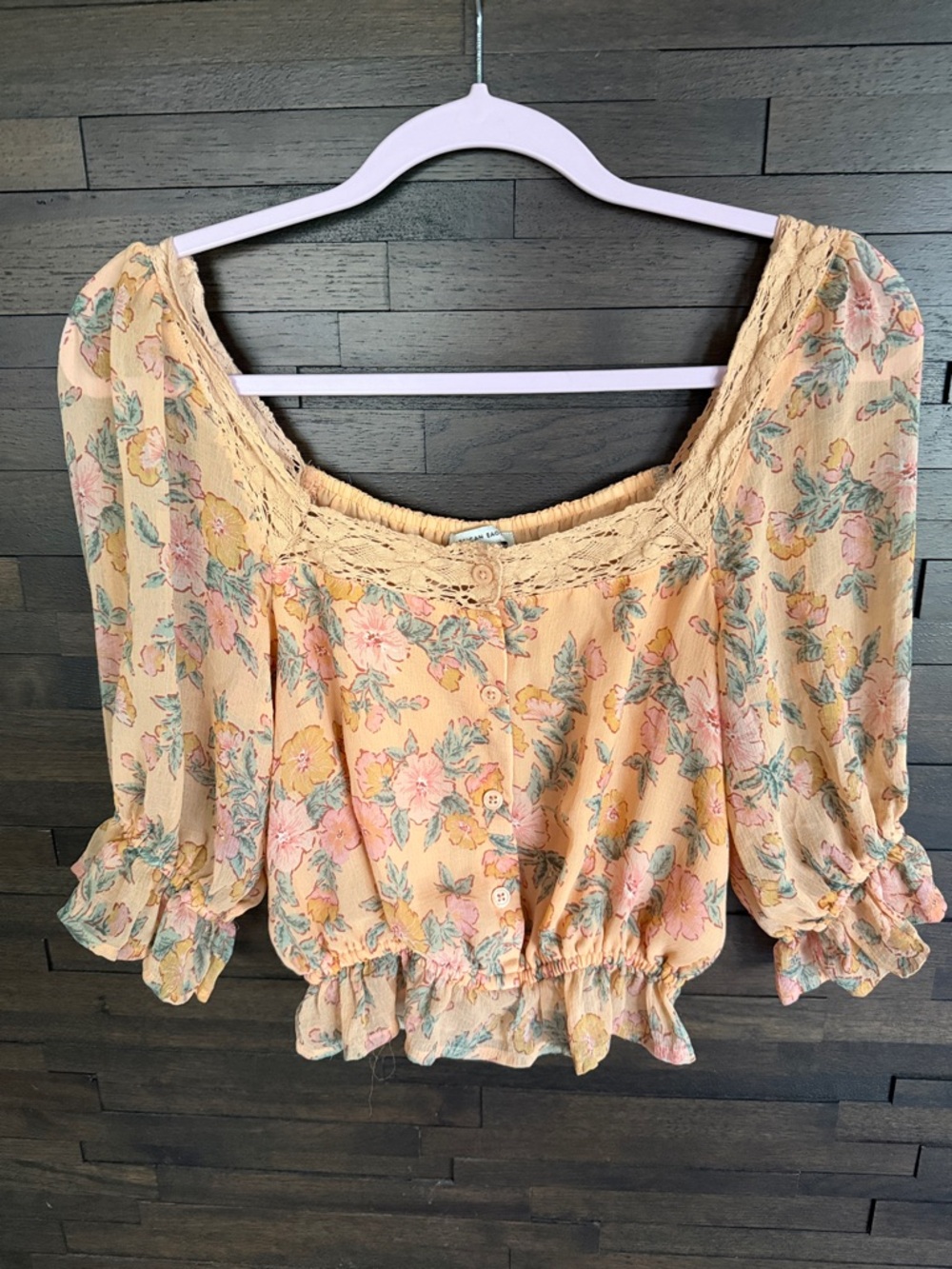 Floral Peach Peasant Top with Lace Trim American Eagle